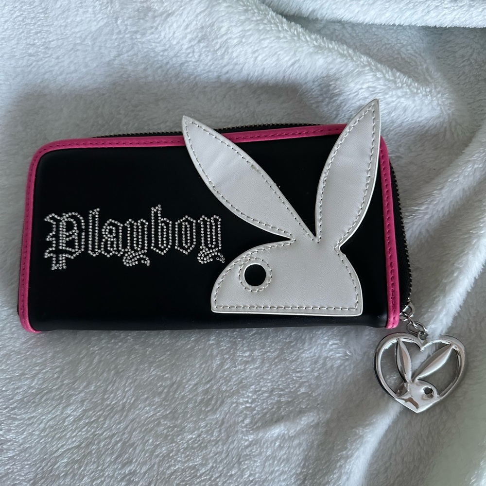 Playboy Black Wallet with White Logo and Pink Trim